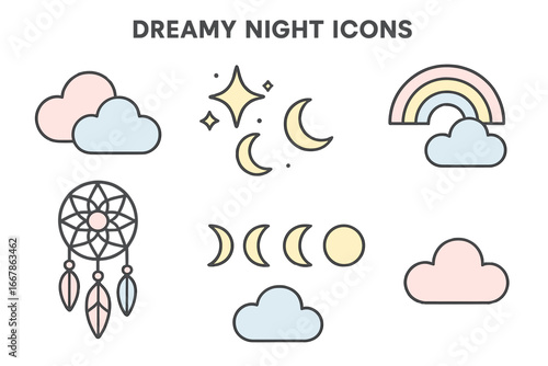 Dreamy night icons set. Outline vector collection of pastel clouds, glitter stars, crescent moon, moon phases, rainbow, and dream catcher. Cute sleep and sky symbols.