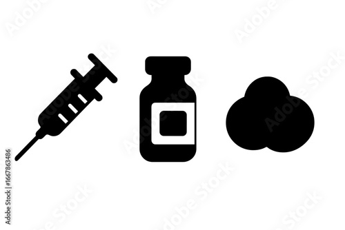 Vaccination Tools Icons Solid Filled Vector Set with Injection Syringe Vaccine Vial Cotton Ball Medical Immunization Equipment Illustration