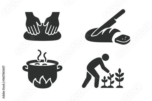 Traditional cooking and food production glyph icon set. From farm to table concept with harvesting, kneading dough, slicing bread, and boiling pot vector silhouettes.