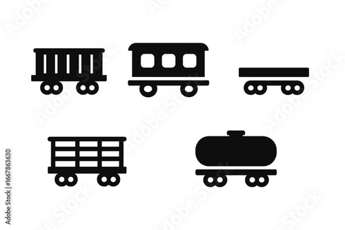 Rail transport icon set. Solid filled vector icons of train wagons for logistics and shipping. Includes freight car, passenger coach, flatbed wagon, cattle car, and tank car.