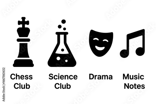 Extracurricular club vector icon set. Solid glyphs for school activities like chess, science, drama, and music. Education, hobby, and student learning symbols collection.