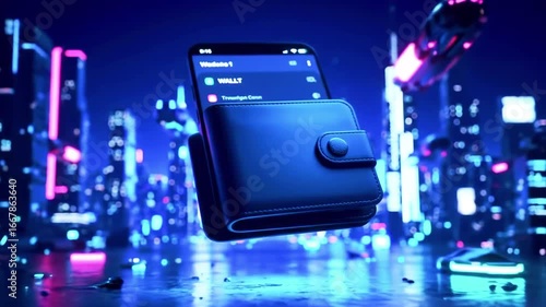 Futuristic wallet and smartphone floating in neon cityscape, showcasing modern technology and lifestyle
