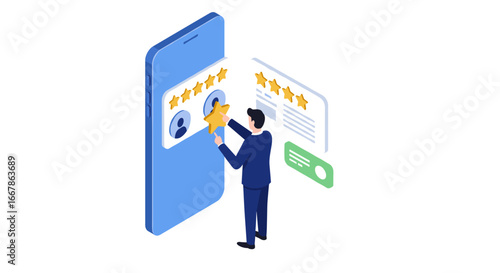 Isometric user review concept: customer feedback and rating system