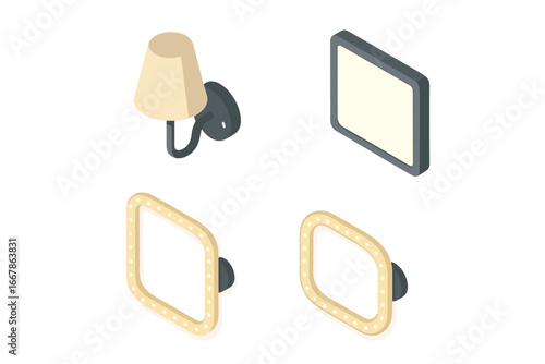 Wall fixtures icon set. Isometric vector of wall-mounted lights. Home decor lighting elements. Classic sconce lamp, modern LED panel, vanity mirror rope light border concept.