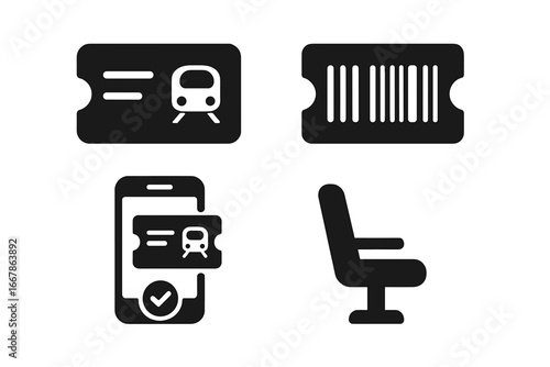 Train tickets icon set for booking and reservation. Solid glyph icons of railway travel, public transport, mobile app e-ticket, barcode pass, and reserved passenger seat.