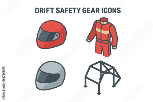 Drift safety gear icon set. Isometric vector illustration of racing equipment. Motorsport protection elements like helmet, fire-resistant suit and car roll cage. Flat design.