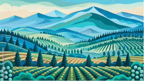 A stylized landscape painting featuring rolling hills, vineyards, mountains, and cypress trees in blues and greens silhouette