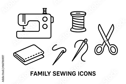 Sewing icon set. Outline vector collection of tailor tools. Needlework and craft symbols. Concept of handmade hobby, stitching, dressmaking. Sewing machine, scissors, thread.
