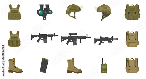 Military equipment set: helmets, vests, boots, rifles, and tactical gear icons