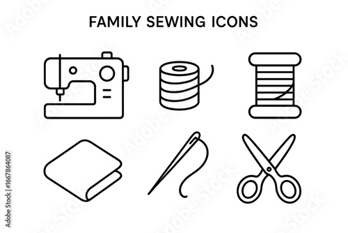 Sewing outline icon set. Vector line art symbols for tailoring, dressmaking and handmade crafts. Sewing machine, thread spool, needle, scissors and fabric. DIY fashion tool kit.