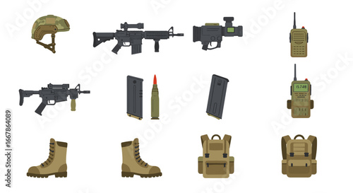 Military equipment set featuring weapons, gear, and accessories in flat design