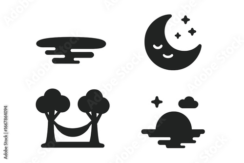 Tranquil nature solid glyph icon set. Calm relaxation and rest symbols. Sleepy moon, hammock between trees, still lake water, quiet sunset. Vector pictogram collection.