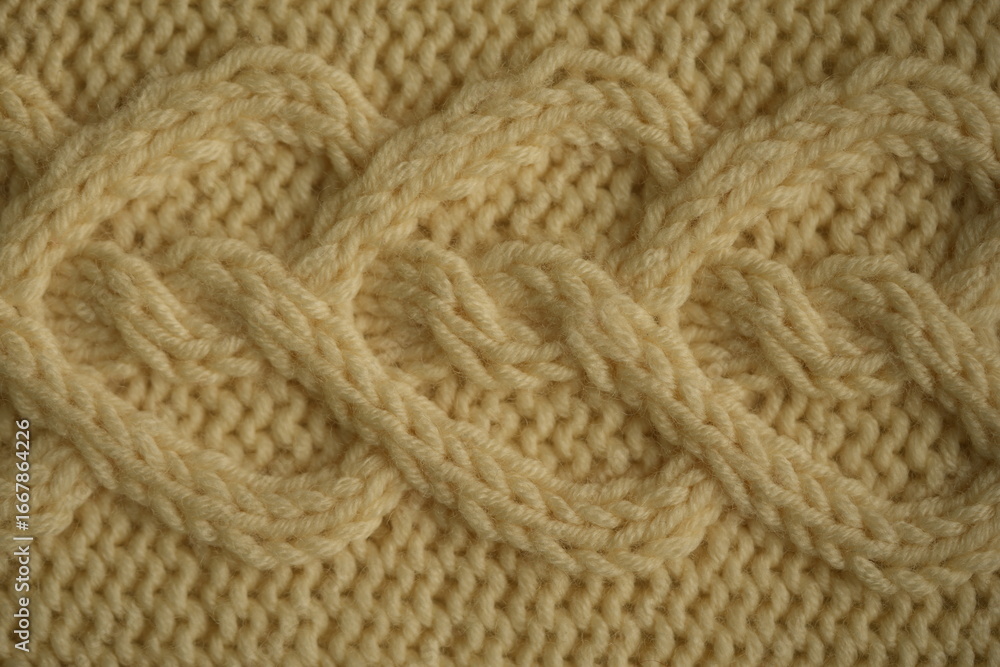 Fototapeta premium ivory texture of knitted wool fabric as a background, ivory smooth symmetrical braided cable knit pattern of hand-knitted needlework