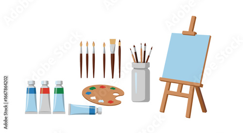 Art supplies collection with canvas stand, paint brushes, and paint tubes