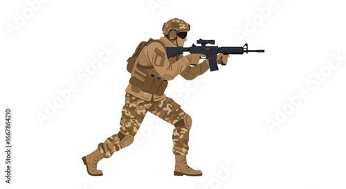 Modern combat soldier in camouflage gear aiming rifle