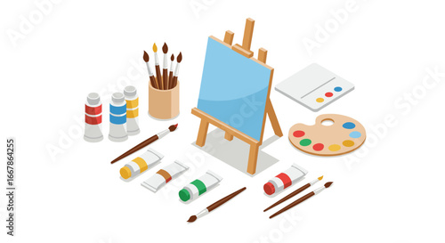 Isometric art supplies with easel and paints for creative illustration projects
