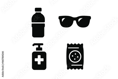 Travel essentials icon set. Vector glyphs of personal items for a trip or vacation. Includes water bottle, sunglasses, hand sanitizer, and snacks. Health, safety concept.