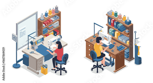 Sewing workshop isometric design: tailoring with sewing machines and craft supplies