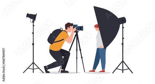 Photographer taking professional portrait in studio setup with lighting equipment