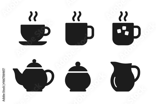 Warm beverage solid glyph icon set. Vector silhouette collection of coffee, tea, and hot chocolate. Includes teapot, sugar bowl, milk jug. Cafe menu & breakfast drink symbols.