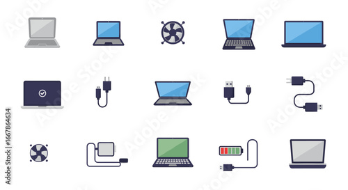 Flat electronics icons: laptops, chargers, and cooling fans