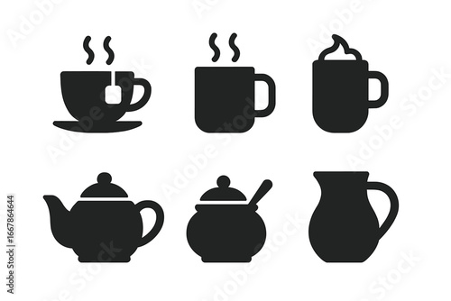 Warm beverage icon set. Solid glyph icons of hot drinks. Tea cup, coffee mug, hot chocolate. Vector illustration of teapot, sugar bowl, milk jug. Simple silhouettes for cafe.