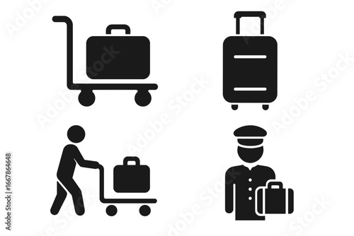 Travel icon set. Solid glyph icons for airport and hotel service. Luggage trolley, suitcase, passenger, and bellhop porter symbols. Vector illustration for tourism and transport.