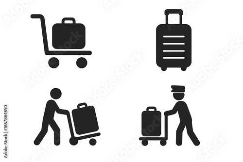 Travel icon set for airport and hotel services. Vector glyph pictograms of a luggage trolley, suitcase, passenger, and bellhop. Baggage assistance and porter symbols for tourism.