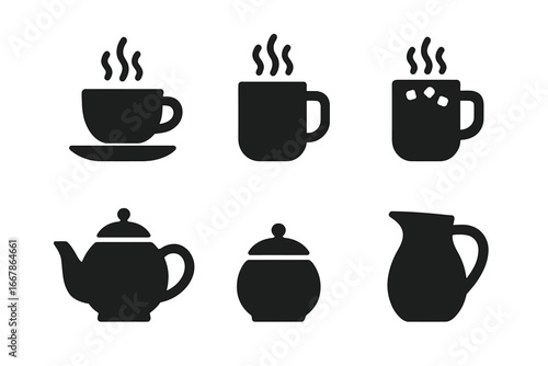 Coffee and tea solid icon set. Vector glyph silhouettes of warm beverages like hot chocolate. Includes teacup, mug, teapot, sugar bowl, and creamer jug for cafe concepts.