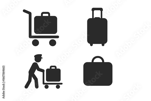 Travel & airport icon set. Solid glyph vector icons of luggage, suitcase, baggage assistance, airport porter, luggage trolley. Tourism, vacation & transport concept symbols.