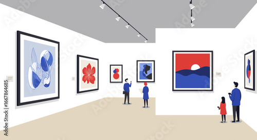 Modern art gallery with people viewing abstract artwork in a contemporary space