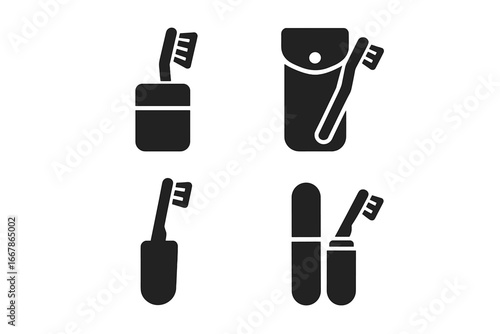 Travel toothbrush holder icon set. Solid glyph icons of portable dental hygiene kit, hard case, and soft pouch. Vector illustration for bathroom accessories and oral care.