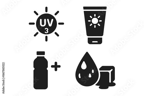 Summer heatwave safety icon set. Warm weather essentials glyph icons. UV index, sunblock, hydration, sweat drop, ice cube. Sun protection and staying cool concept vector.