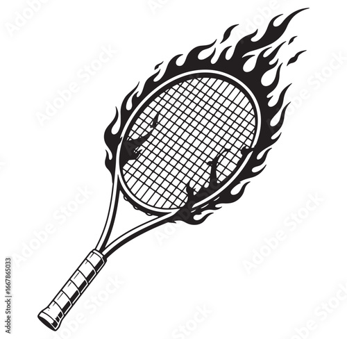 Black and white illustration of burning tennis racket with flames sports competition concept