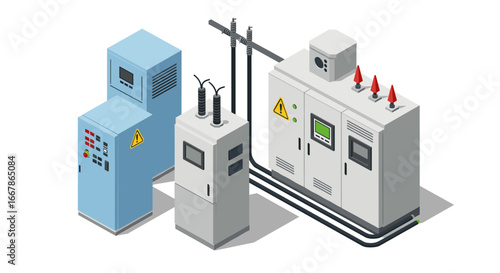 Isometric industrial electrical panels and equipment illustration