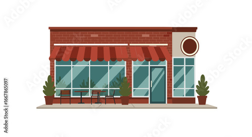 Cozy brick café exterior with red awnings and green plants