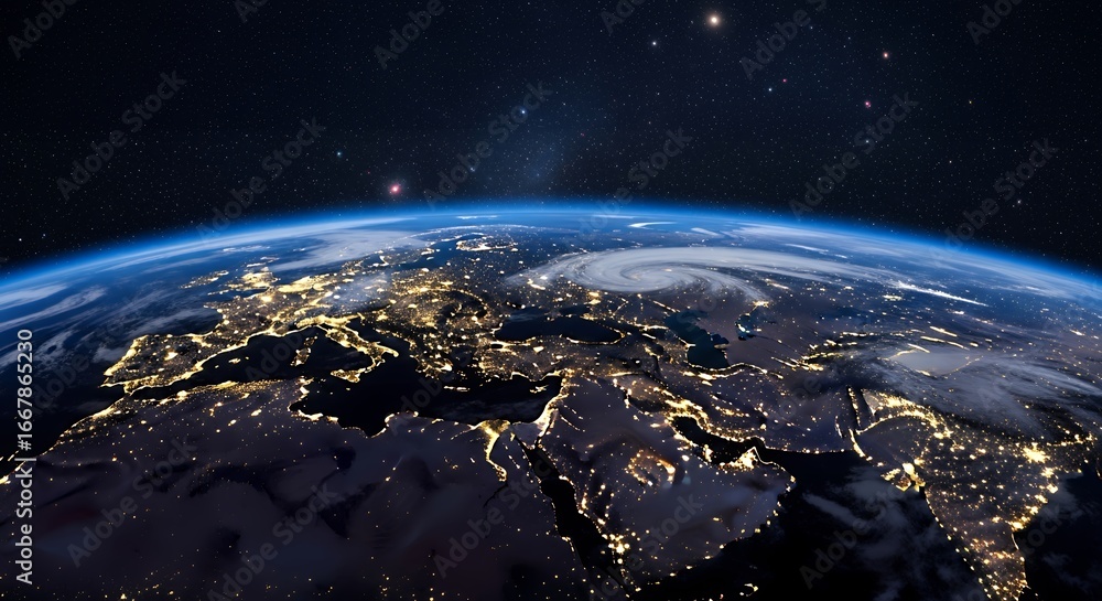 Obraz premium Earth at Night: Detailed global view from space showing bright city lights across Europe and the Middle East, with a prominent hurricane swirling over the Black Sea region and a starry cosmos.