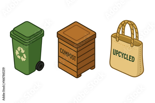 Waste reduction icon set isometric vector. Recycling bin, compost container, and upcycled tote bag. Sustainable, eco-friendly, zero waste lifestyle for a clean environment.