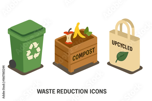 Waste reduction isometric icon set. Recycling bin, compost with organic food scraps, and upcycled reusable tote bag. Sustainable, zero waste, and eco friendly concepts.