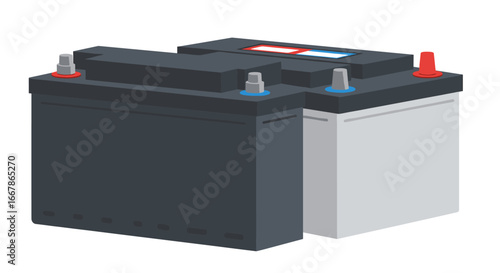 Set of car batteries in flat design with terminals and caps
