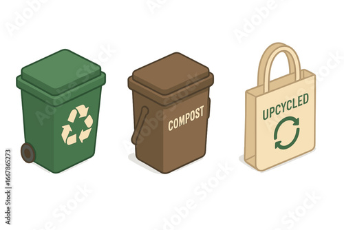 Waste reduction isometric vector icons. Recycling bin, compost container, and upcycled tote bag. Eco-friendly, zero waste lifestyle for sustainability and conscious consumption.