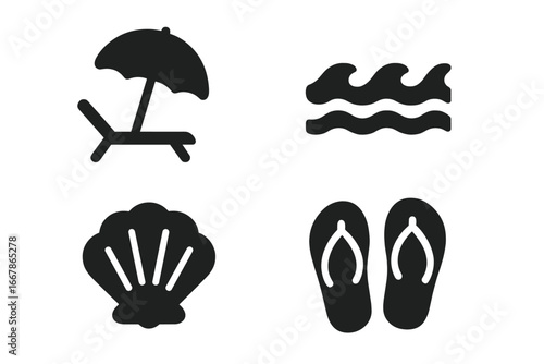 Summer beach icon set vector. Solid glyph pictograms collection. Tropical vacation and travel symbols. Lounge chair, umbrella, sea wave, seashell, flip flops illustration.