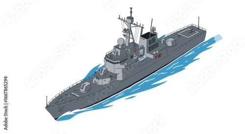Modern naval warship in motion with detailed 2d design