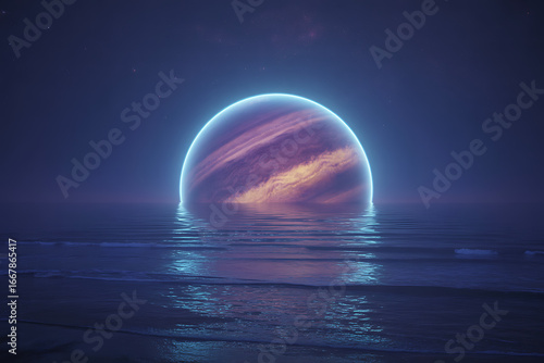Stunning planet reflection on water with glowing neon light and starry night sky background