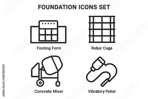 Foundation icons set. Outline icon collection of construction tools for building preparation. Footing form, rebar cage, concrete mixer, and vibratory poker. Vector symbols.
