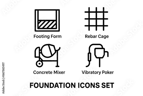 Foundation construction line icons set. Vector symbols for building industry. Includes footing form, rebar cage, concrete mixer, and vibratory poker for engineering projects.