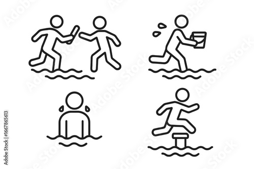 Water relay race icon set. Team building water games, summer camp competition icons. Outline vector symbols of baton exchange, bucket relay, obstacle course challenge hurdles.