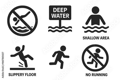 Water safety icons set. Swimming pool rules signs collection. No diving, deep water, shallow area, slippery floor, no running. Warning, danger & prohibition vector symbols.