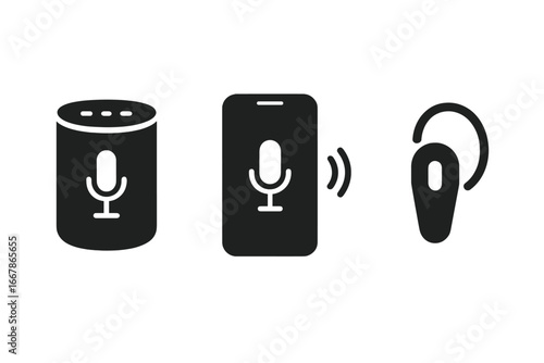 Voice command devices solid icon set. Smart speaker, phone assistant, bluetooth headset pictograms. Voice recognition technology, IoT, smart home control, and dictation symbols.