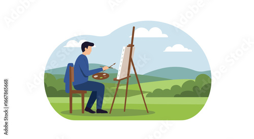 Flat design artist painting outdoors in a serene landscape setting